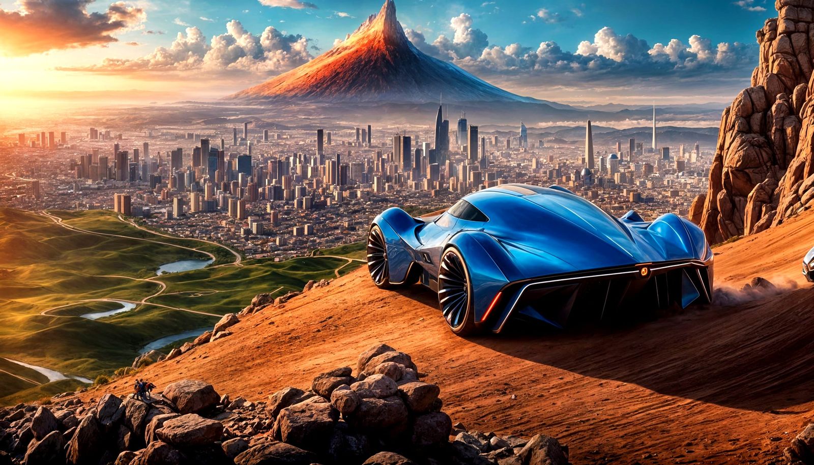 Futuristic Car on Hill with Atlantis Backdrop