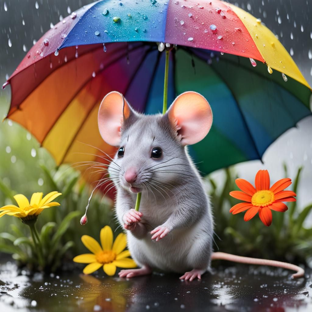 Mouse in the Rain with Rainbow Daisy