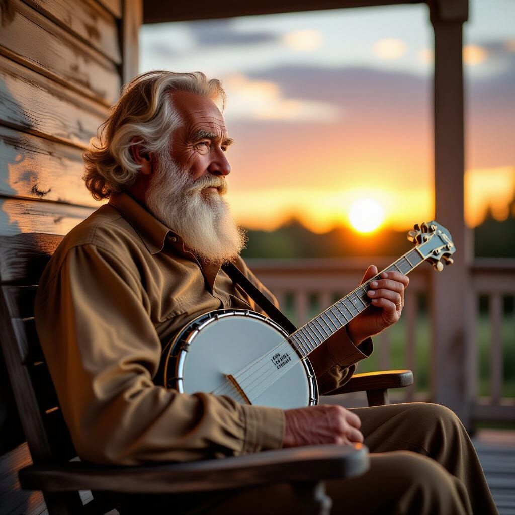 Elderly Man with Banjo on Porch at Sunset