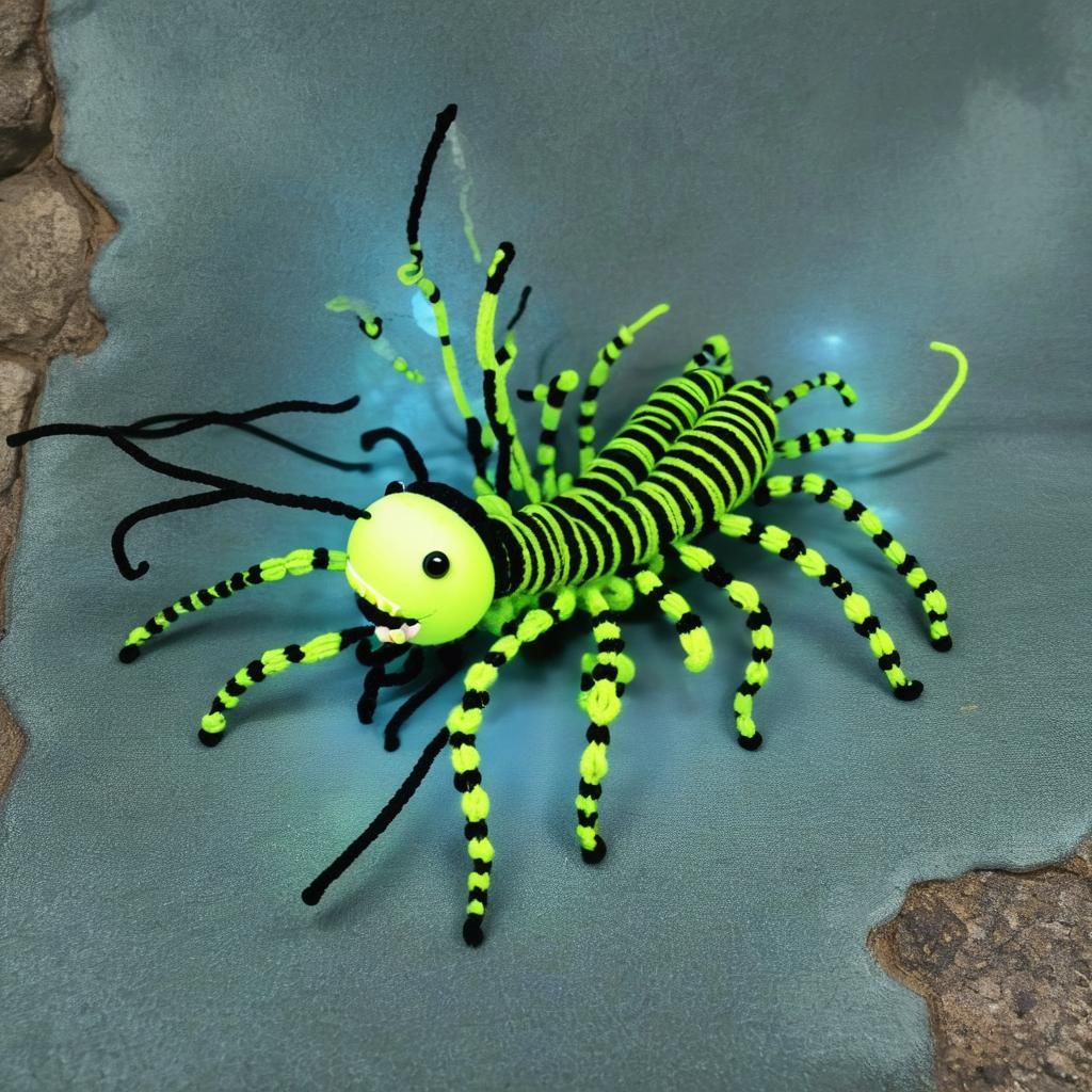 Fluorescent Crochet House Centipede Amigurumi Under Blacklig...