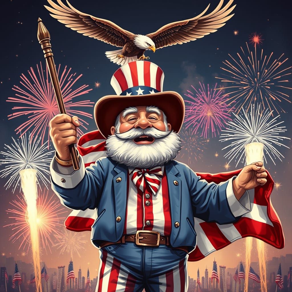 Patriotic Figure with Flag, Fireworks, and Eagle