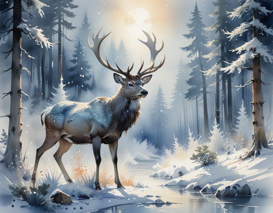 Stag in Winter Glade: Watercolor Painting