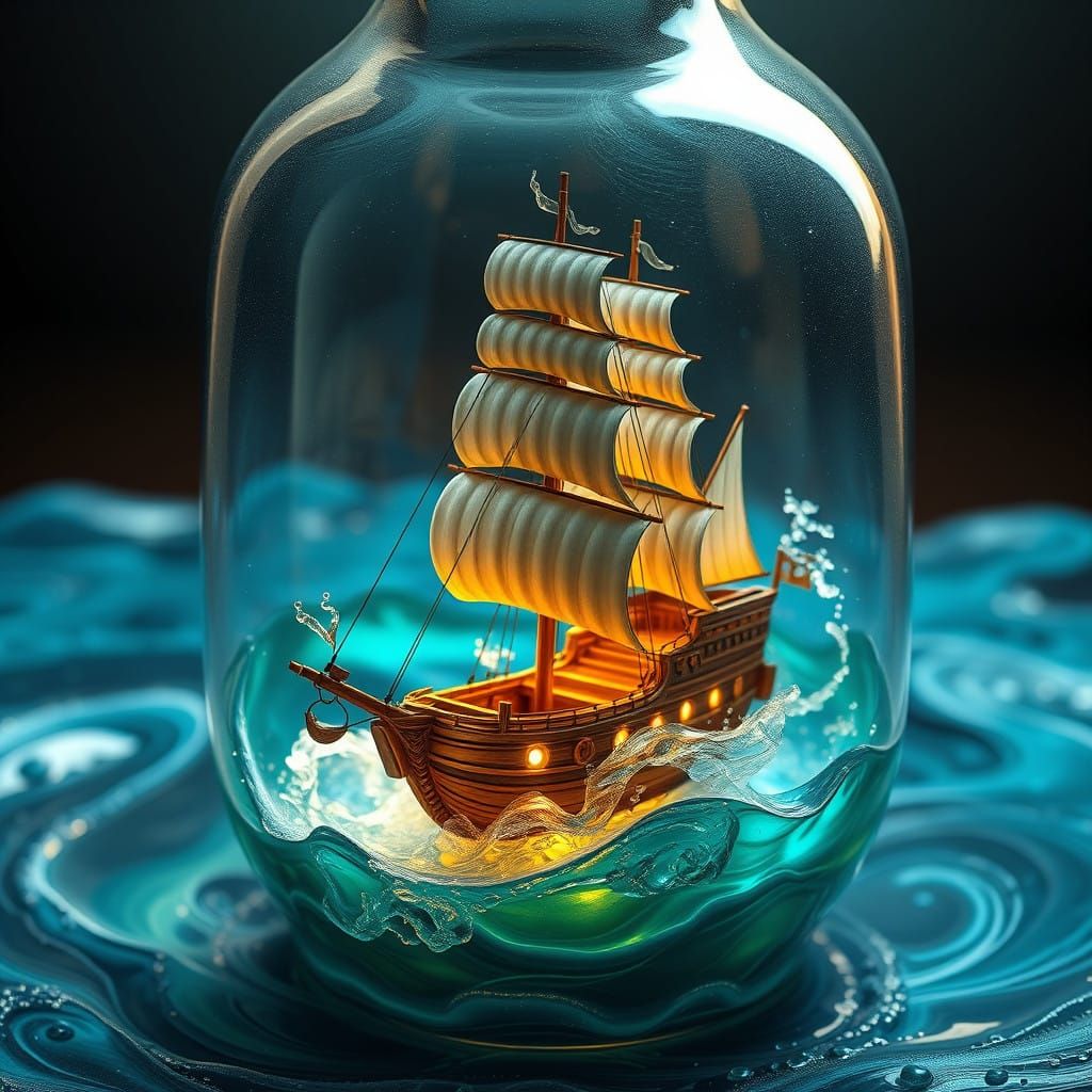 Exquisite Fantasy Ship Suspended in a Glass Bottle, Radiatin...