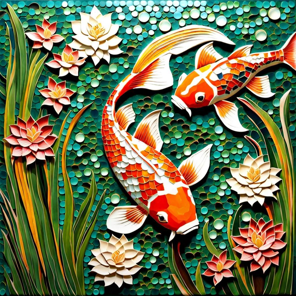 Koi Fish Surrounded by Plants in Mosaic Art