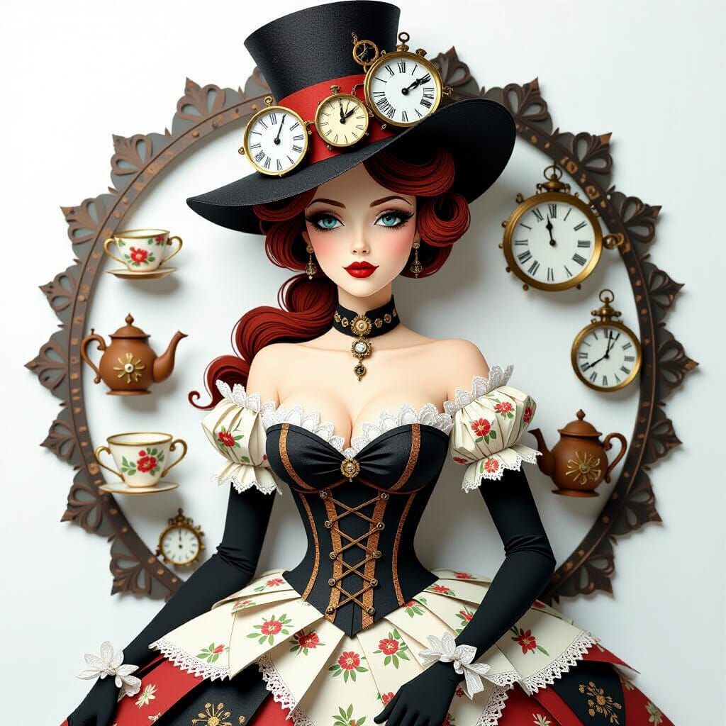 Steampunk Papercut Pin-Up Model in 8K