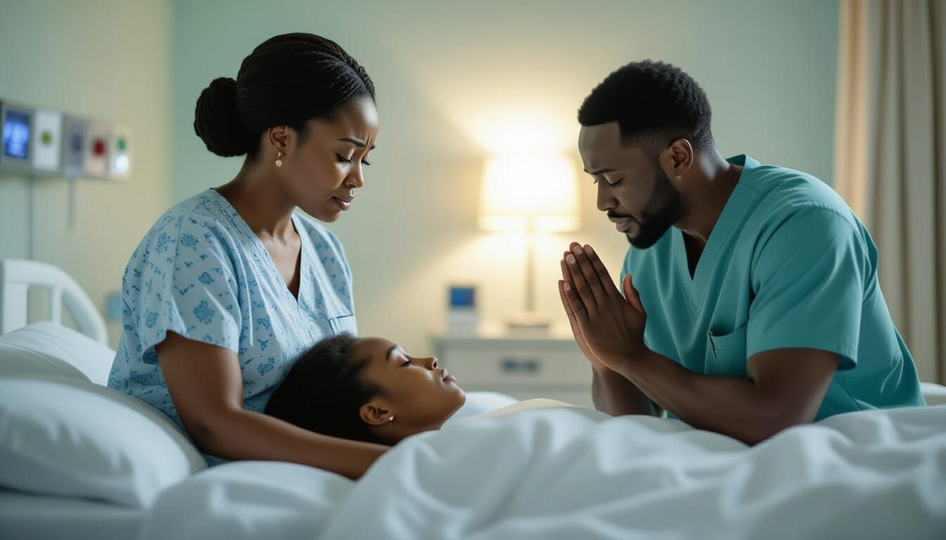 Emotional Hospital Scene: Prayer and Reflection in Soft Ligh...