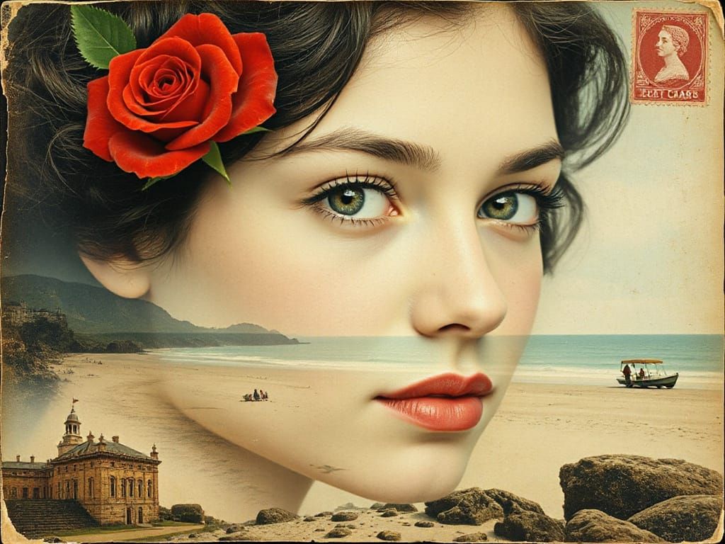 Double Exposure Face on Antique Postcard Collage