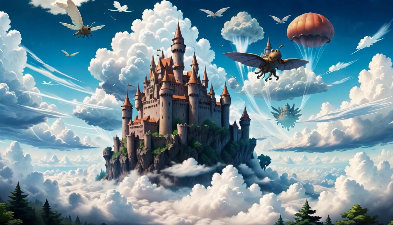Fantastic Castle in the Sky with Flying Creatures