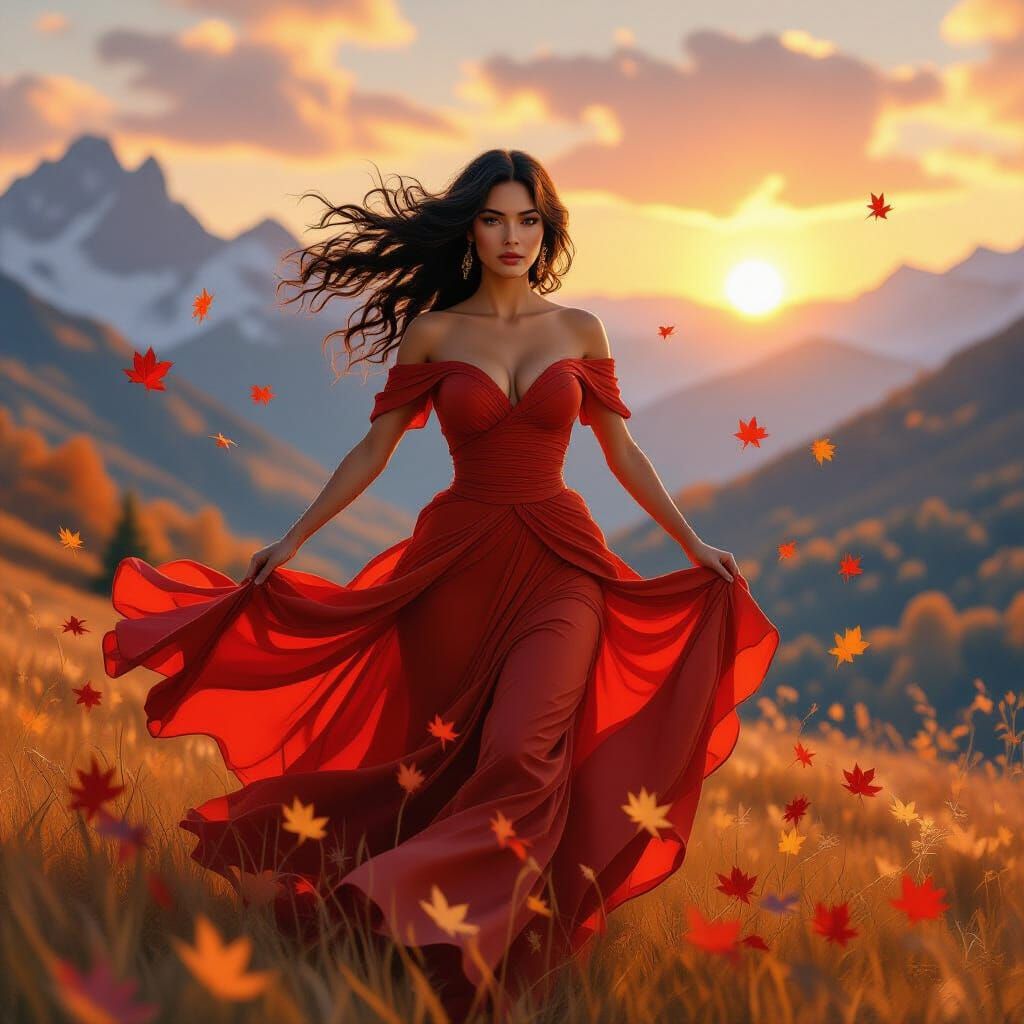 Curvy Woman in Flowing Gown Runs Towards Sunset