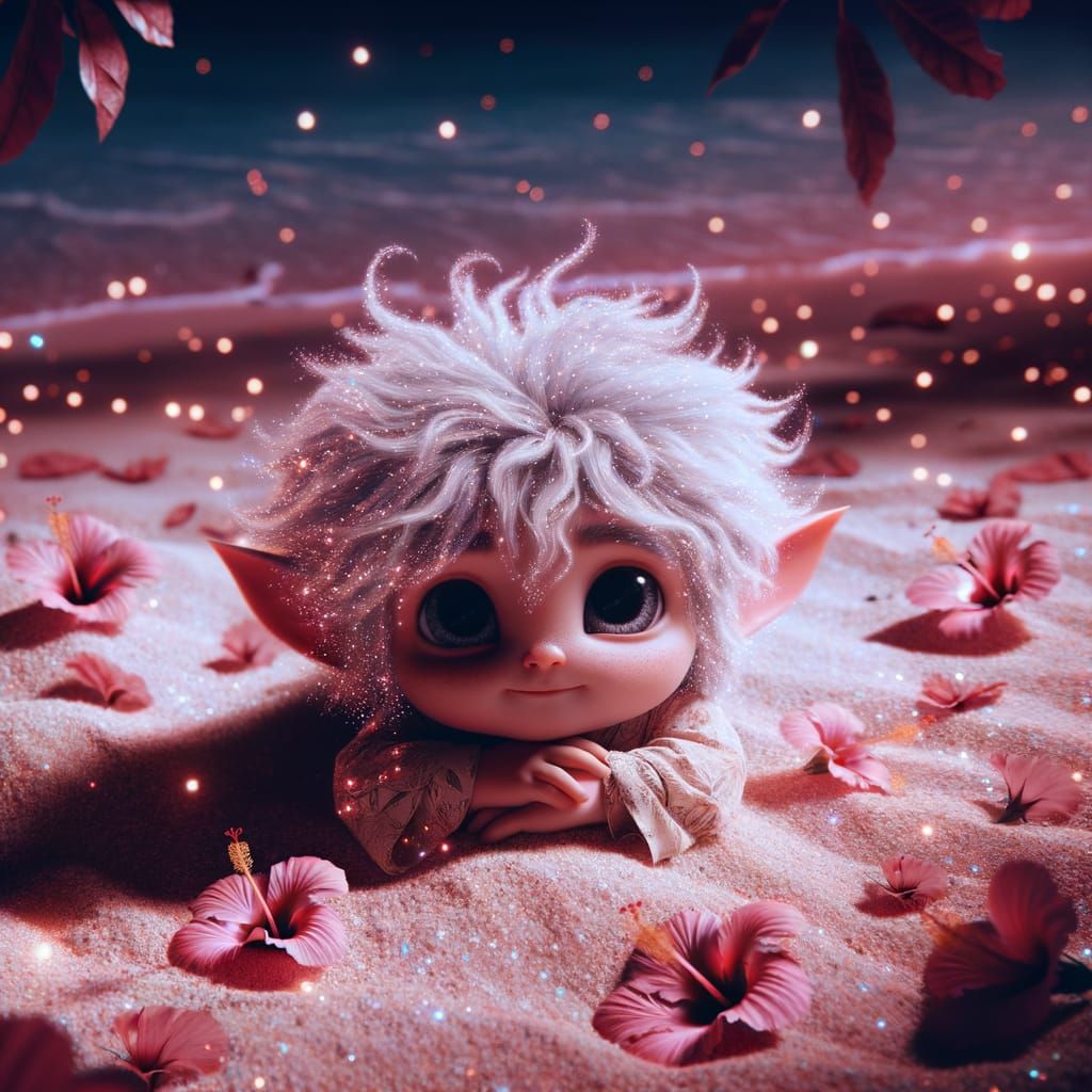 Enchanting White Elf with Big Eyes on Sandy Beach