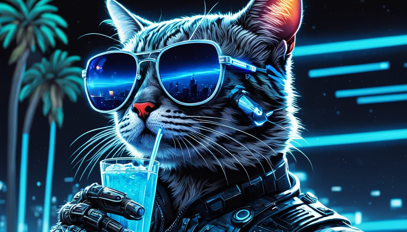 Robotic Cat Sipping Cocktail in Cyberpunk Comic Art