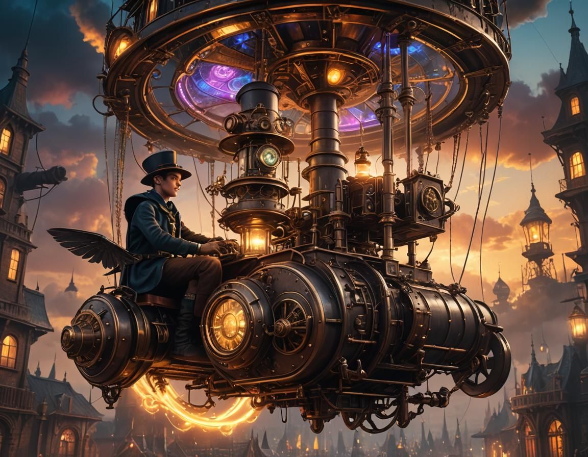 Steampunk Flying Machine at Sunset, Cyberpunk Art