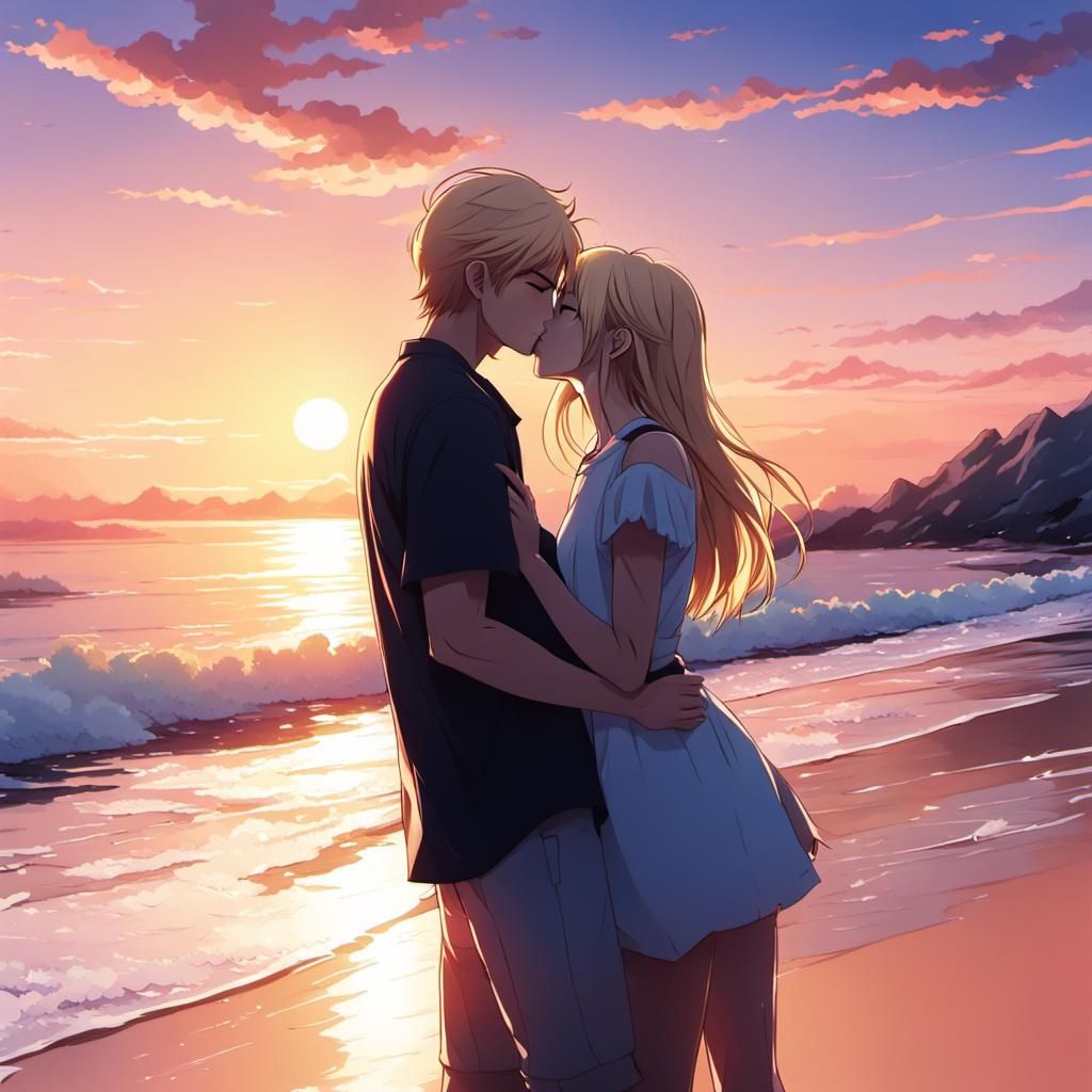 Anime-Style Sunset Kiss on the Beach