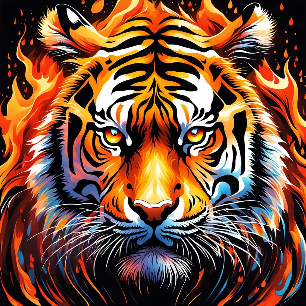 Fiery Tiger Portrait in Vibrant Splash Art Style