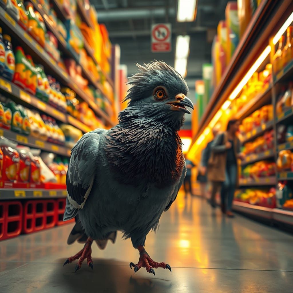 Frightened Pigeon Amidst Grocery Store Chaos