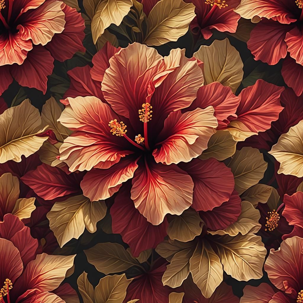 Macro Red Hibiscus Flower in Digital Painting