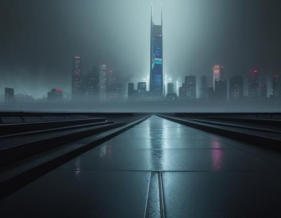 Cyberpunk Cityscape with Neon Gate at Dusk