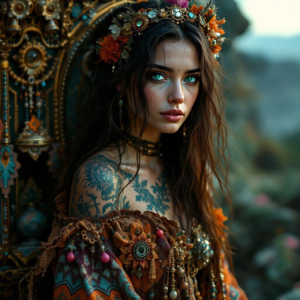 Enchanting Bohemian Goddess in Steampunk Regalia