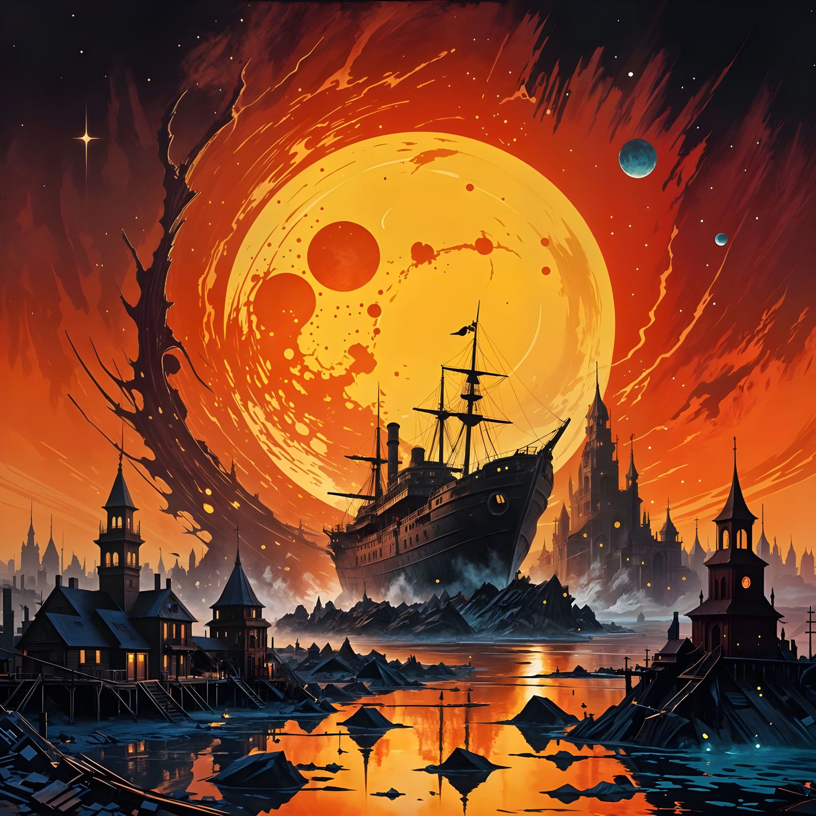 Surreal Crescent Moonscape in Pixel Art Neon Animation