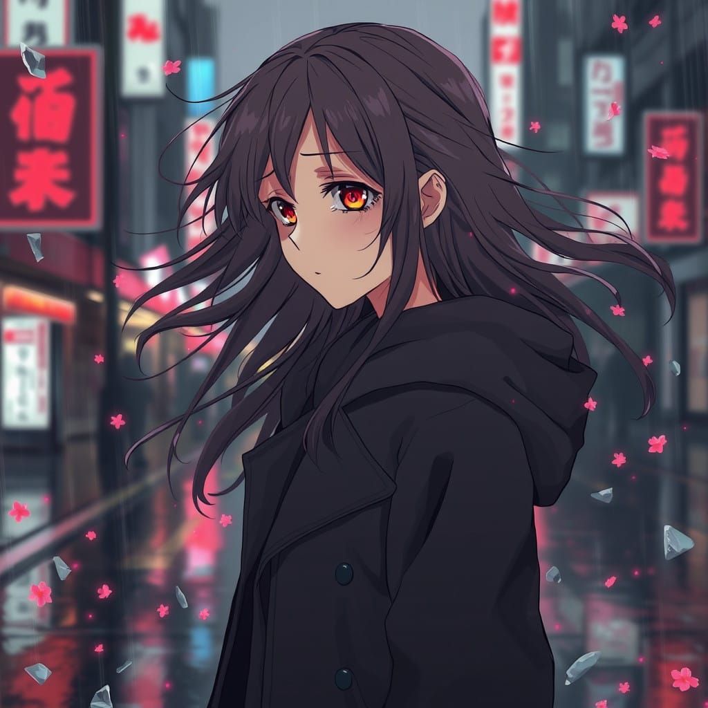 Melancholic Rain-soaked Lady in Fractured Elegance