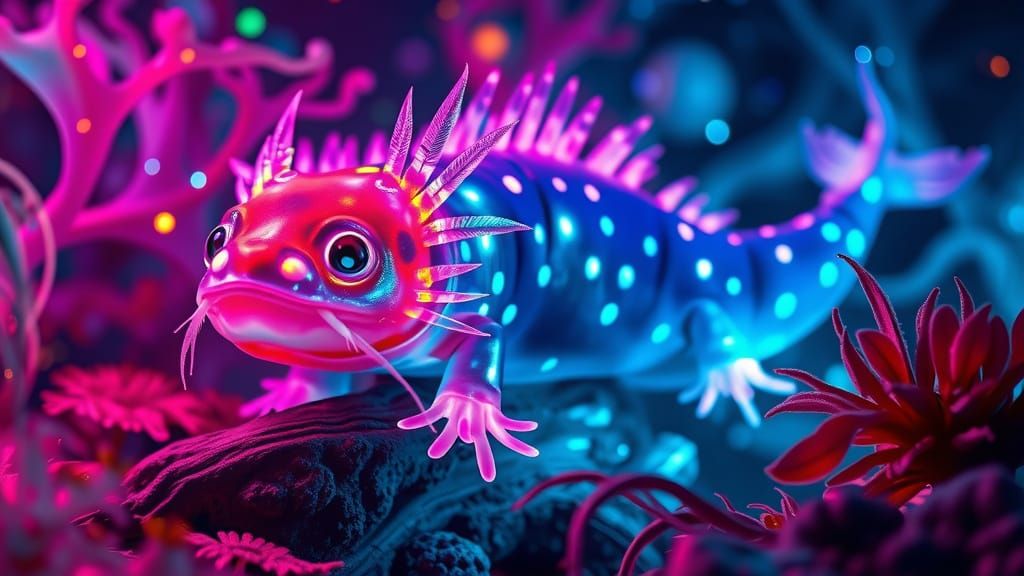 Glowing Axolotl in Neon-Lit Underwater Dreamscape