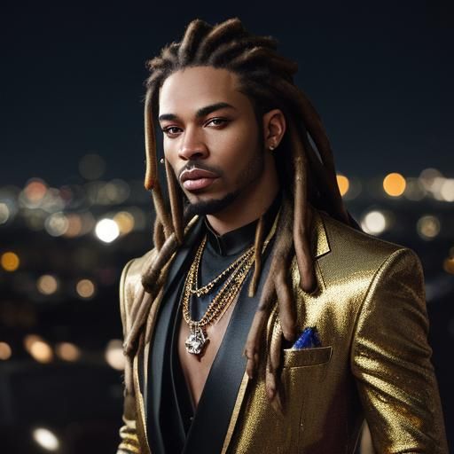 Dreadlocked Man in City Lights, Vibrant Oil Painting