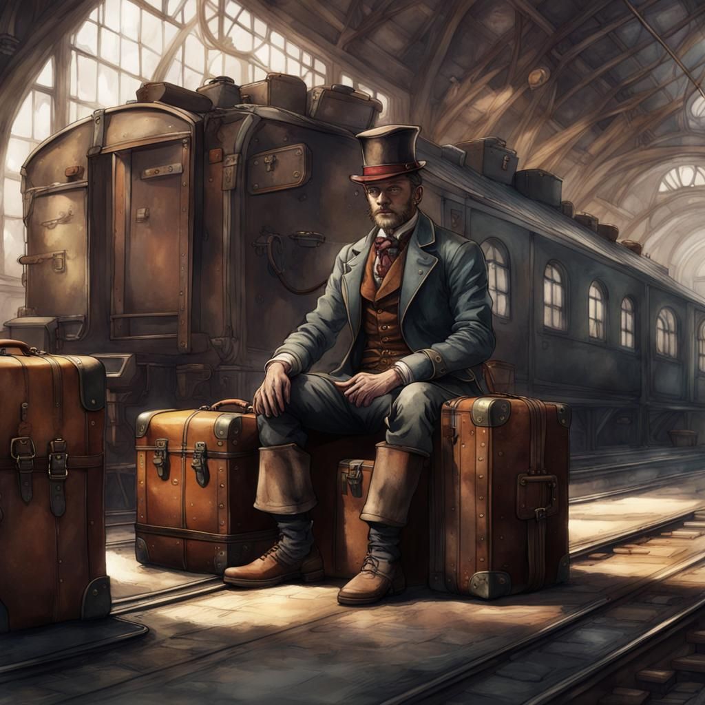 Steampunk Man on Luggage with Watercolor Filter