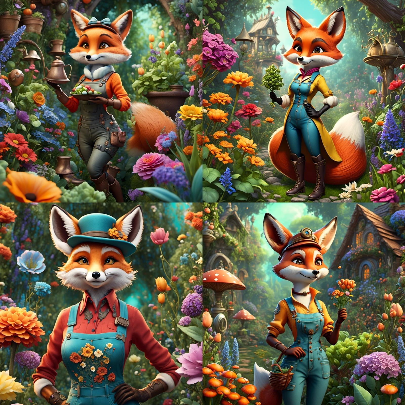 Cute Fox Lady Gardening in Colorful Fantasy Garden