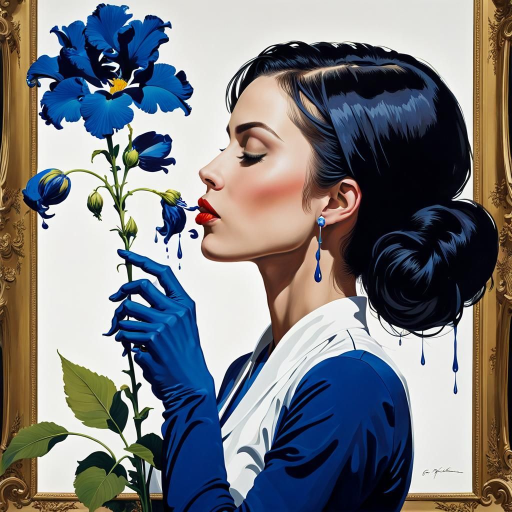 Ink Profile Painting of Woman with Flower