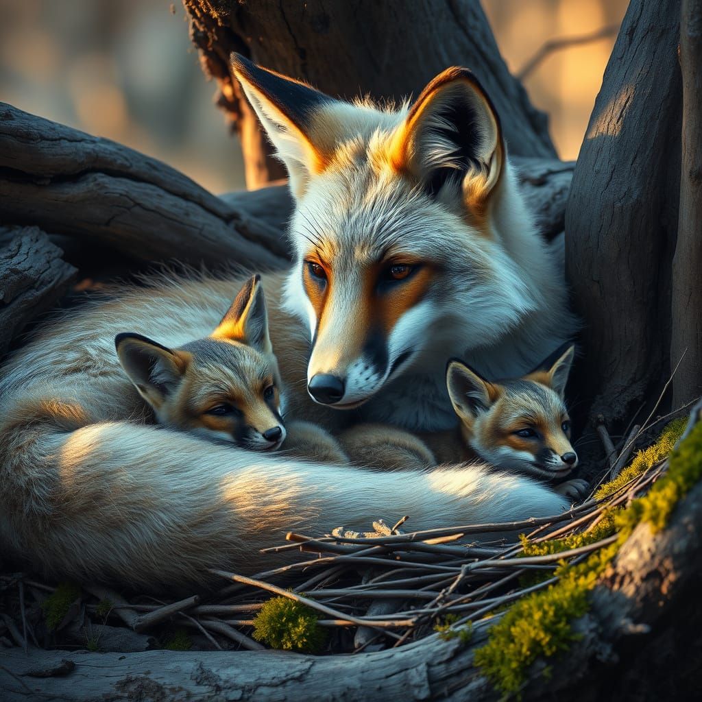 Impasto Painting of Mother Fox and Cubs in Twilight