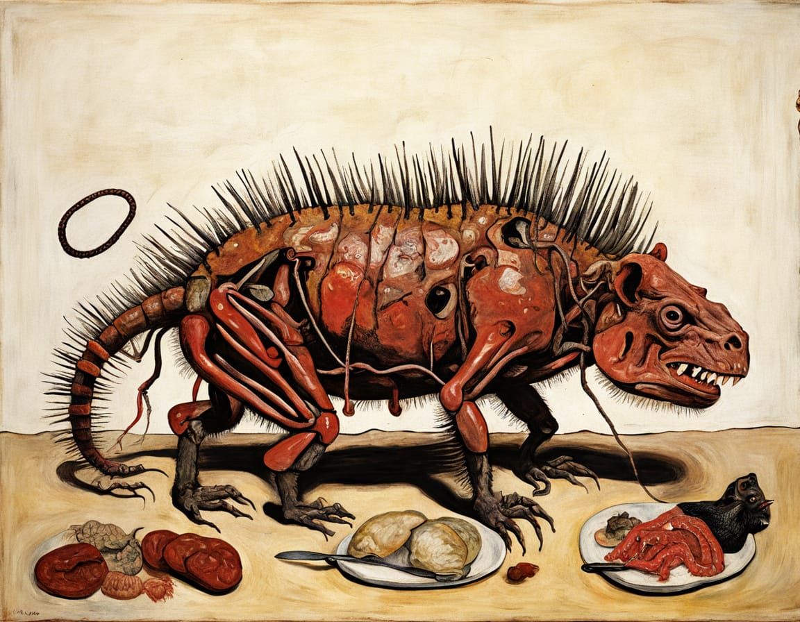 Mythical Cowboy Porcupine Ape Hybrid in Surrealist Oil Paint...