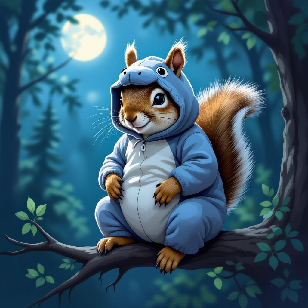 Squirrel in Hippopotamus Costume in Moonlit Forest