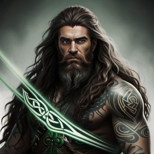 Celtic tattooed warrior. Green eyes and extremely long curly beard and hair. White mood. Chiaroscuro soft blended light,...