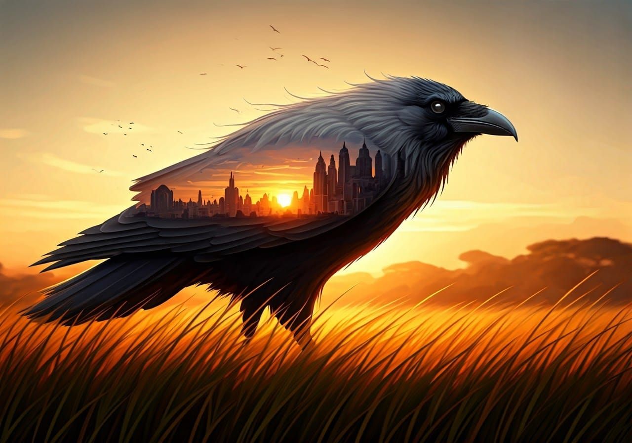 Majestic Raven Silhouette Glides Through Vibrant Savannah at...