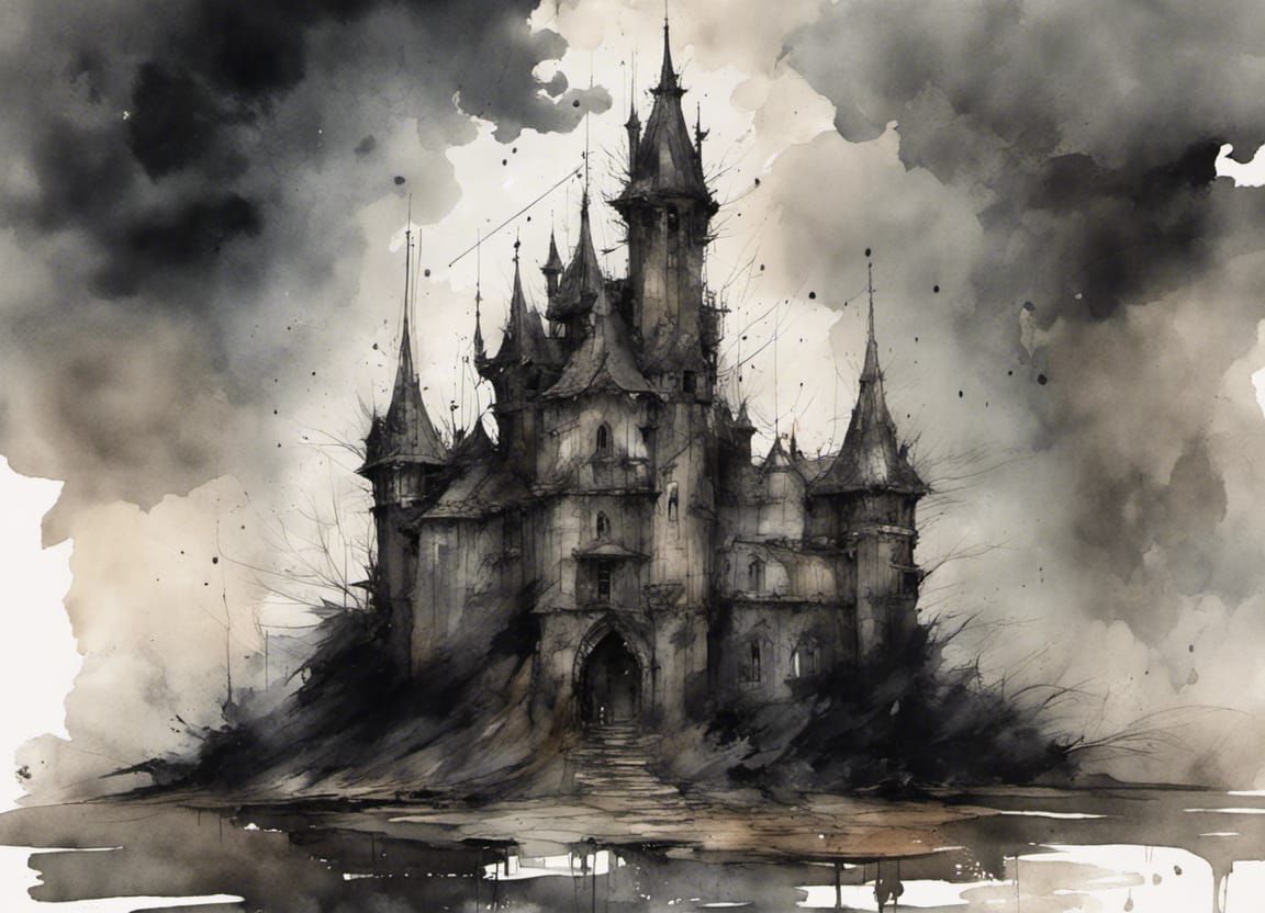 Gothic Castle in Rain, Watercolor and Sketch Style