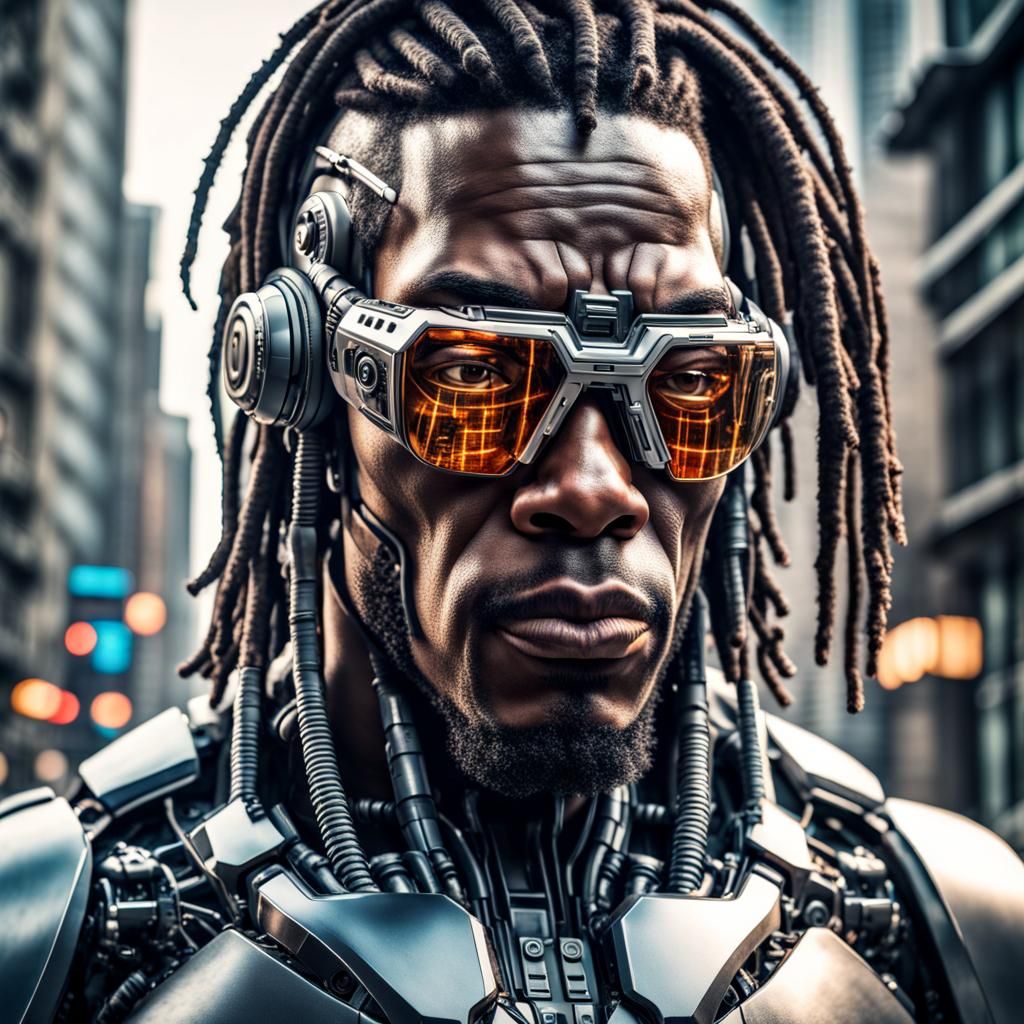 Hyperrealistic Cyborg with Dreadlocks in Moody Cityscape