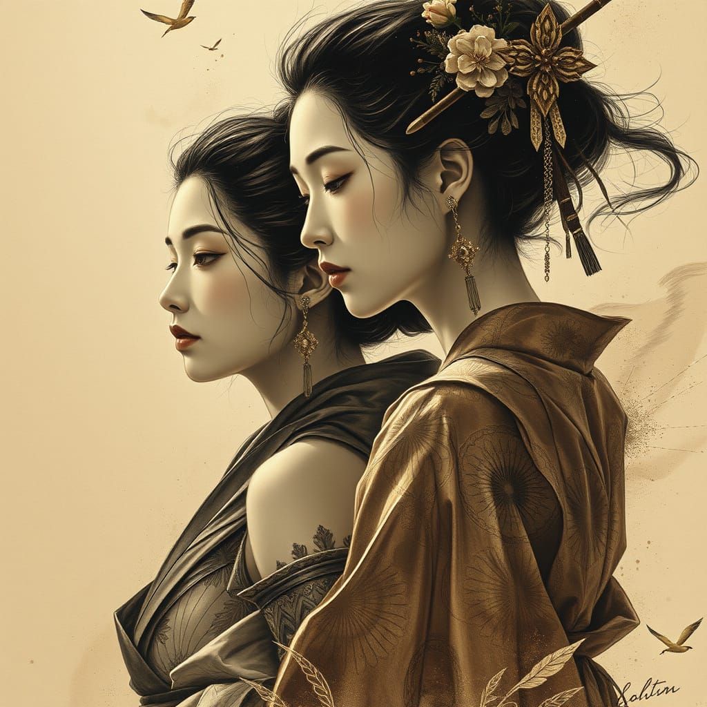 Ethereal Ronin and Geisha Portrait in Art Nouveau Style