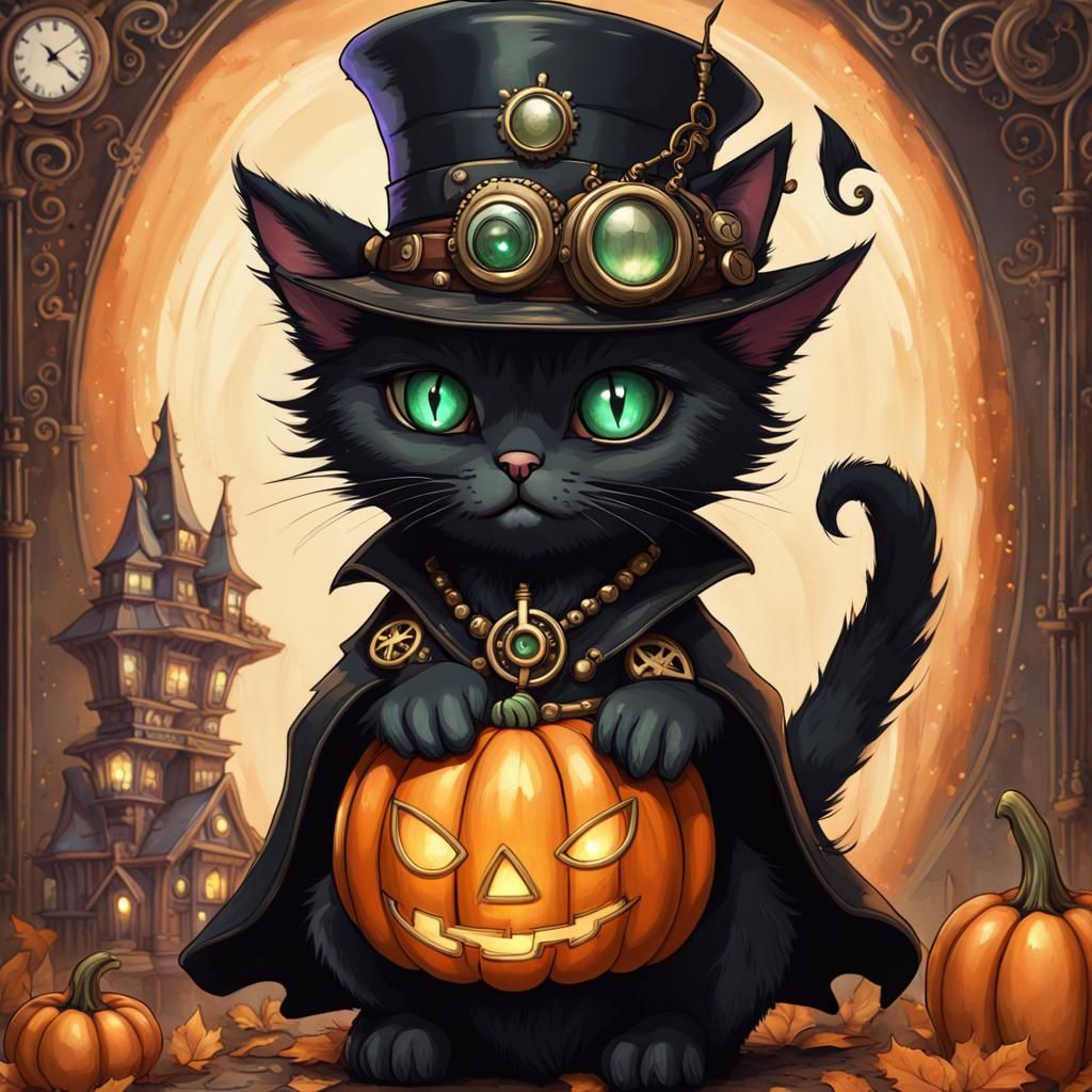 Steampunk Black Cat Witch in Haunted Mansion