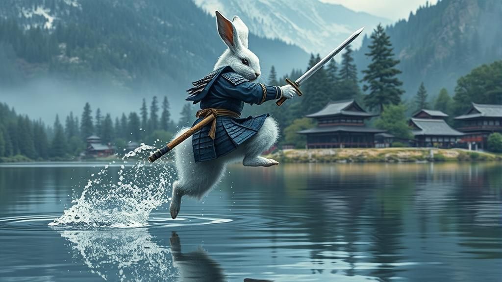 Samurai Bunny Leaping Across Lake: Digital Illustration