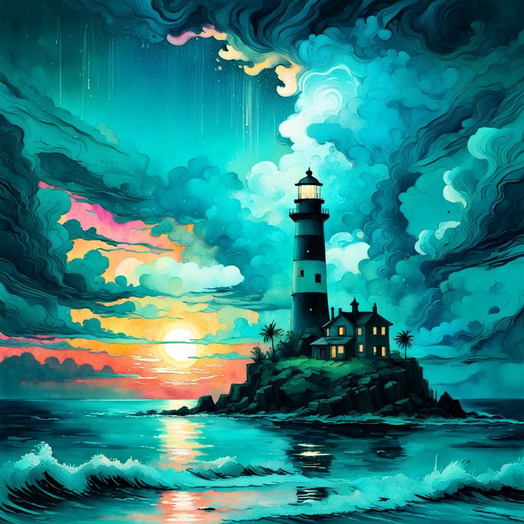 Cyan Lighthouse Double Exposure in Watercolor Style