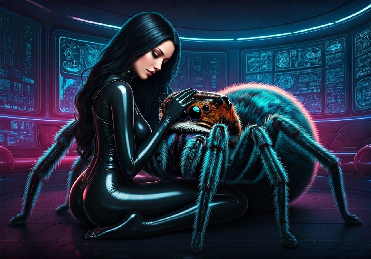 Cyberpunk Goddess Cuddles with Iridescent Spider