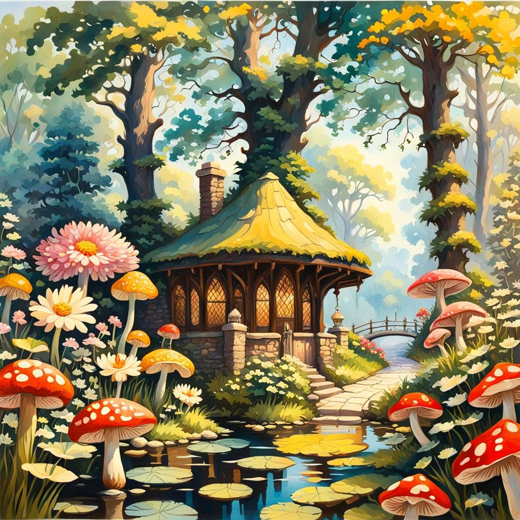 Gothic Tavern and Mushroom Garden in Sunlight