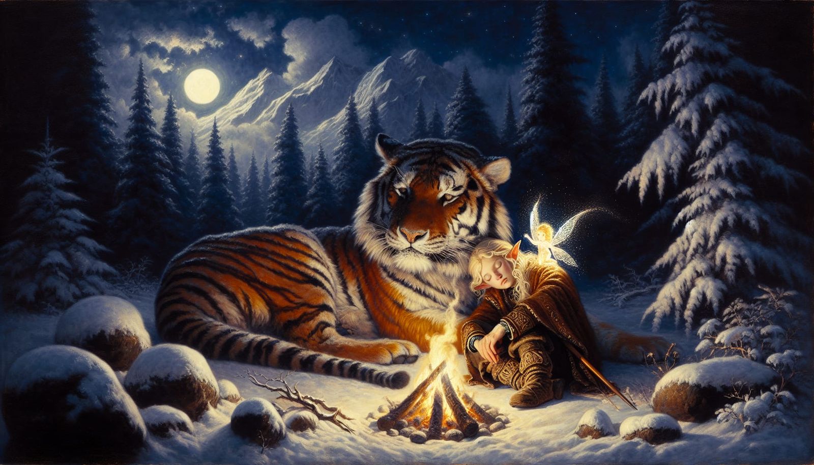 Majestic Tiger's Winter Slumber in Tenebrism Style