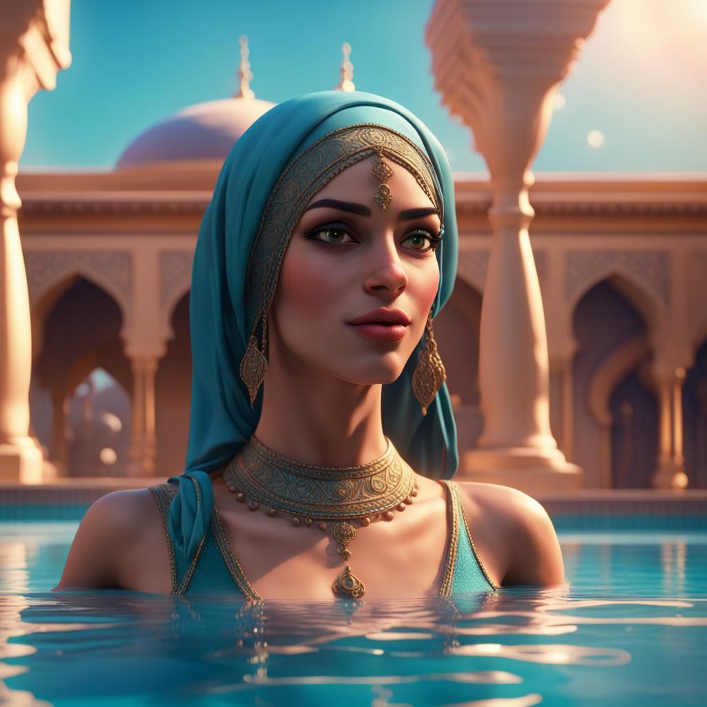 Arabian Woman in Swimming Pool: 3D Digital Art