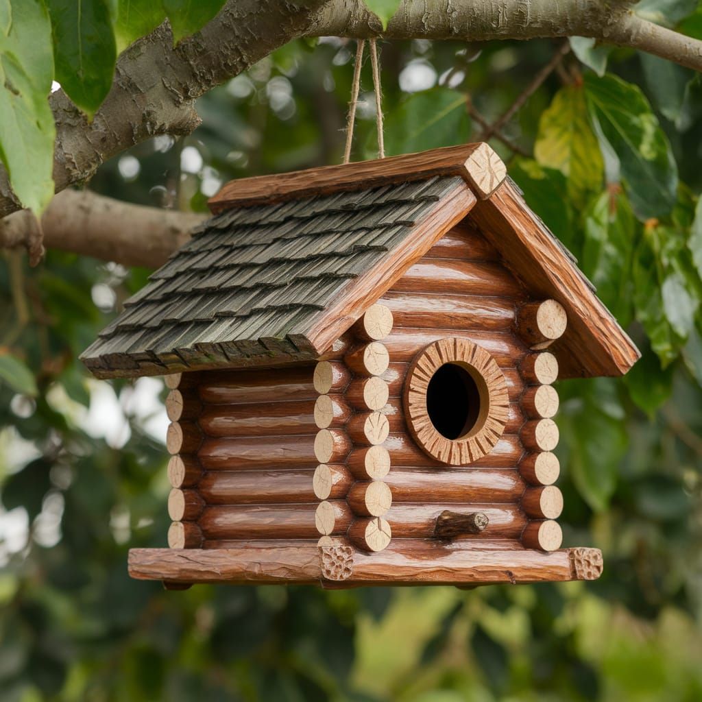 Log Cabin Birdhouse Hanging From Tree