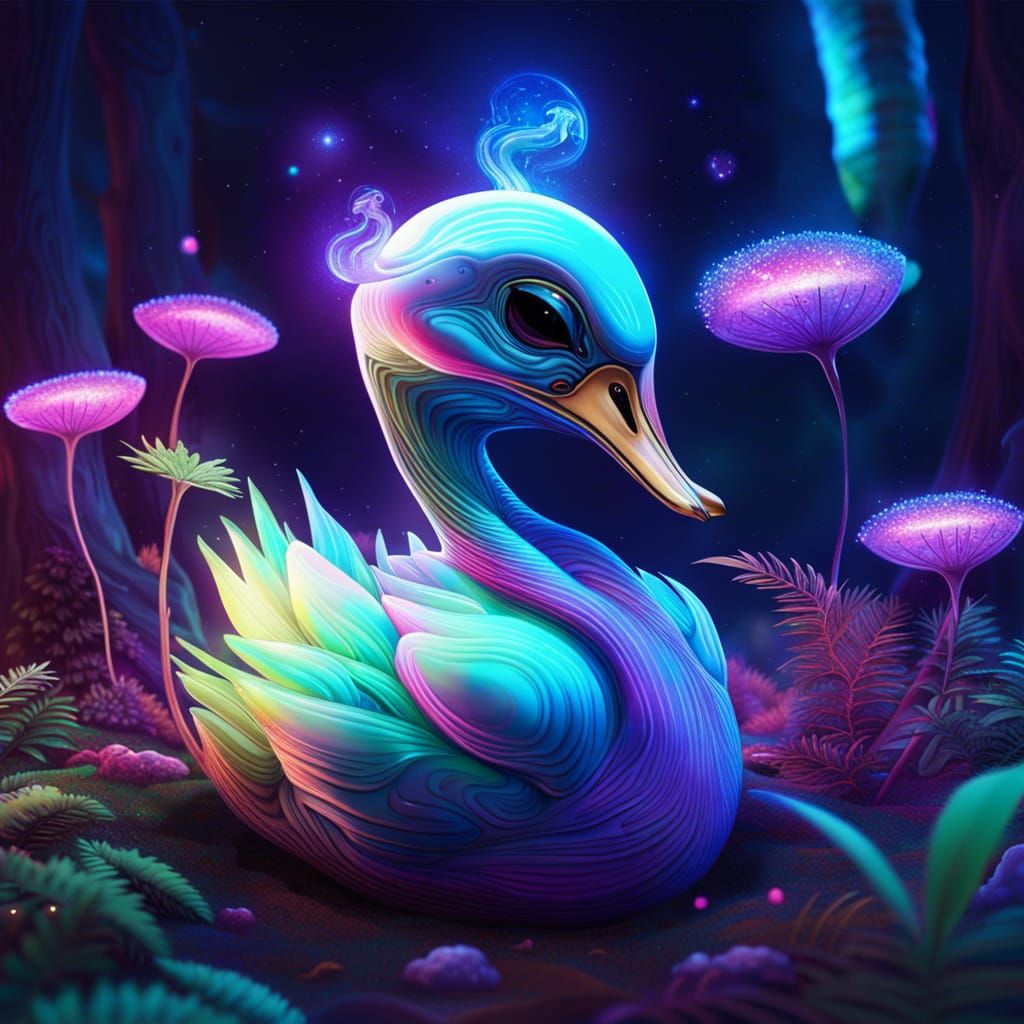 Trippy Alien Swan in Galactic Forest, Mixed Media
