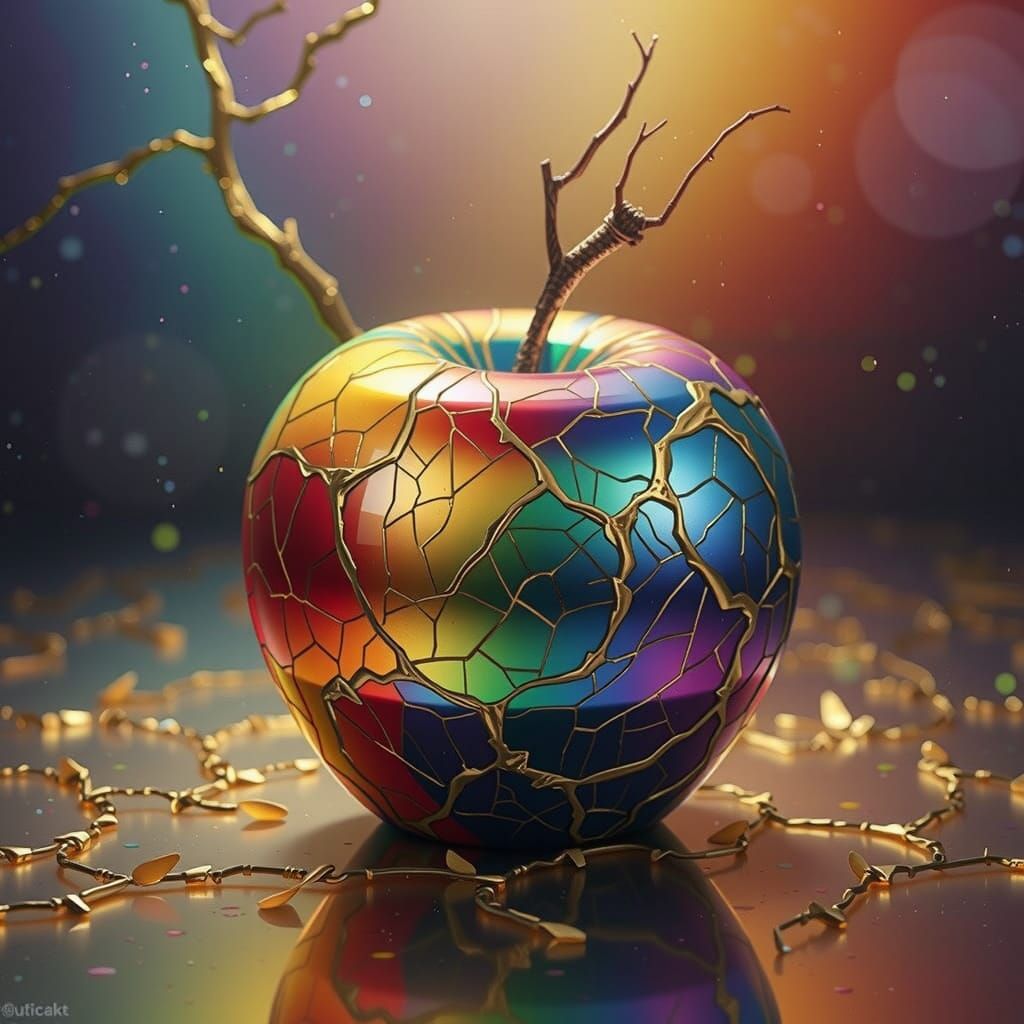 Vibrant Kintsugi Apple in Fantasy Landscape