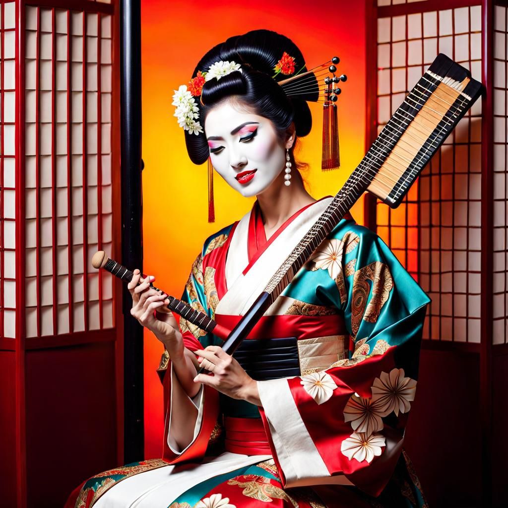 Geisha with Shamisen in Ultrarealistic Style