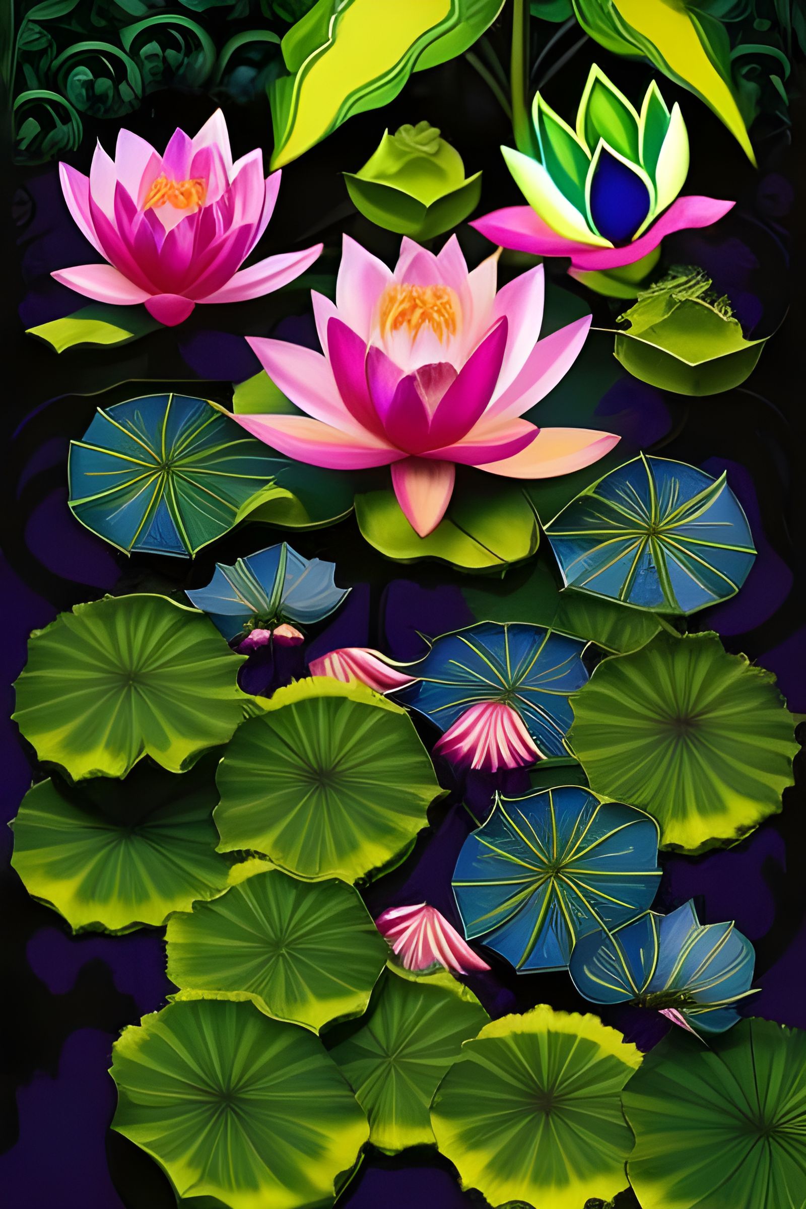 Lotuses with Leaves and Fruit in Art Deco Style