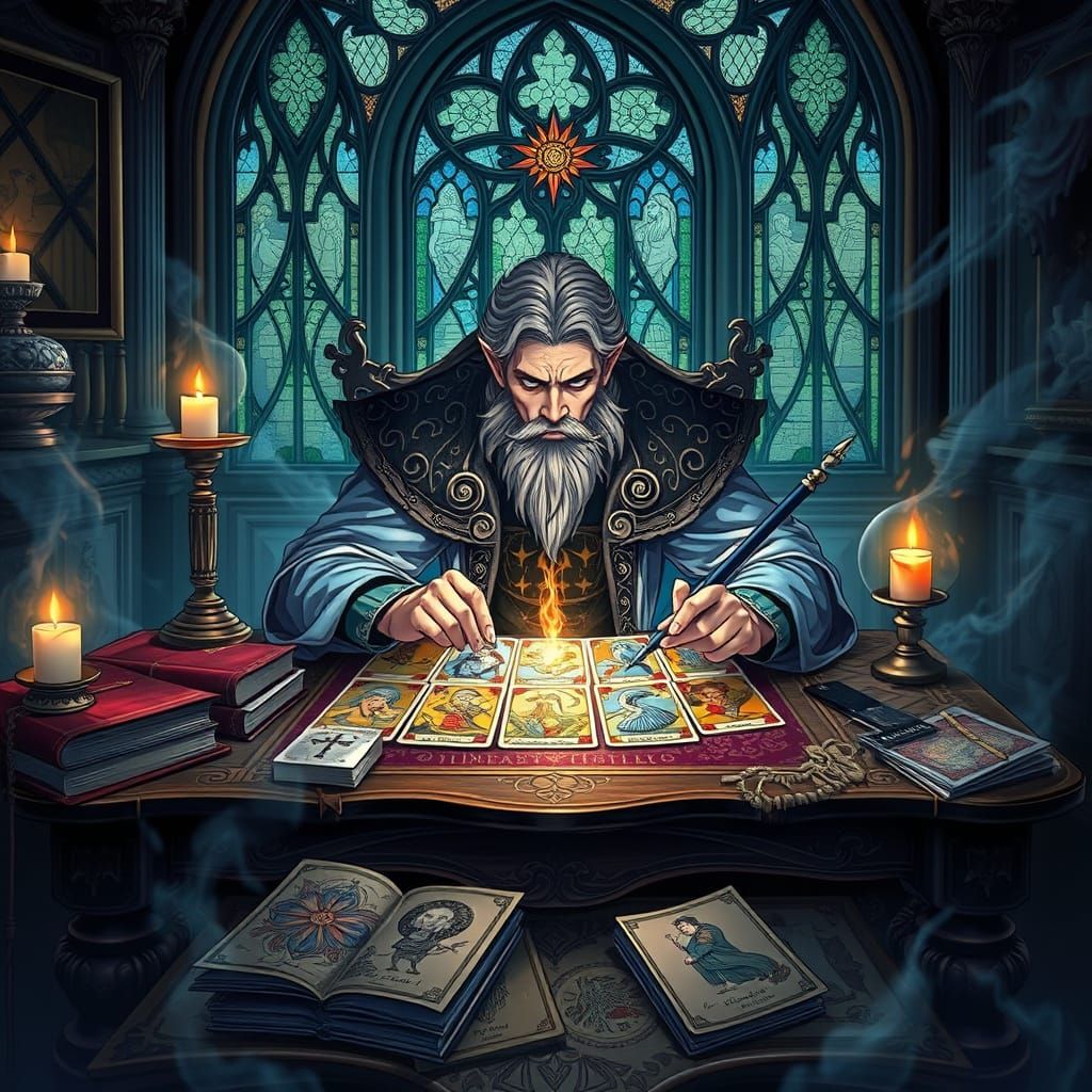 Merlin the Magician Studies Tarot Cards in a Mystical Chambe...